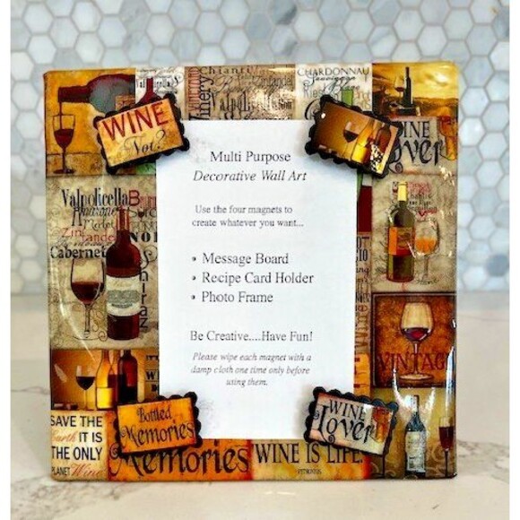 MAGNETIC WINE THEME MESSAGE BOARD, PHOTO FRAME, RECIPE CARD HOLDER 4 MAGNETS NEW - Picture 1 of 8